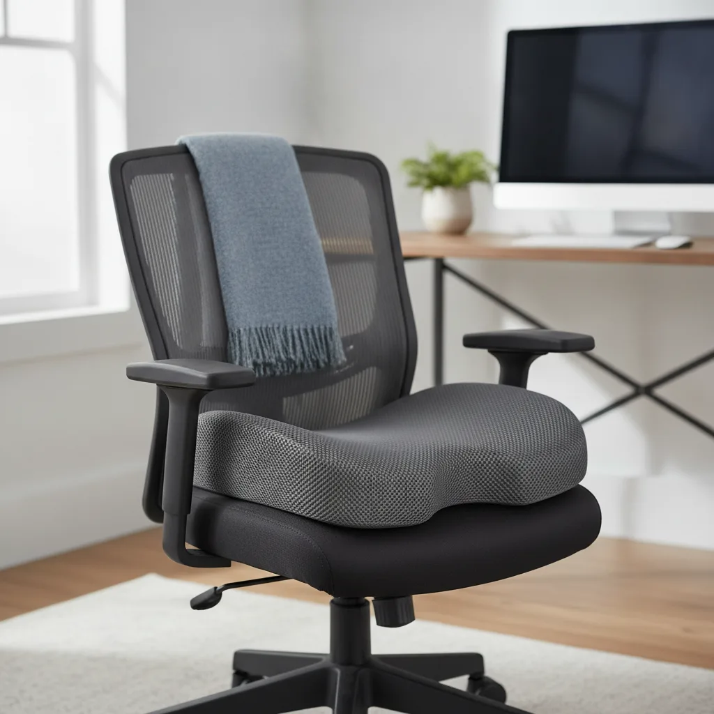 Coussin d'assise ergonomique installé sur une chaise de bureau pour réduire la pression en position assise