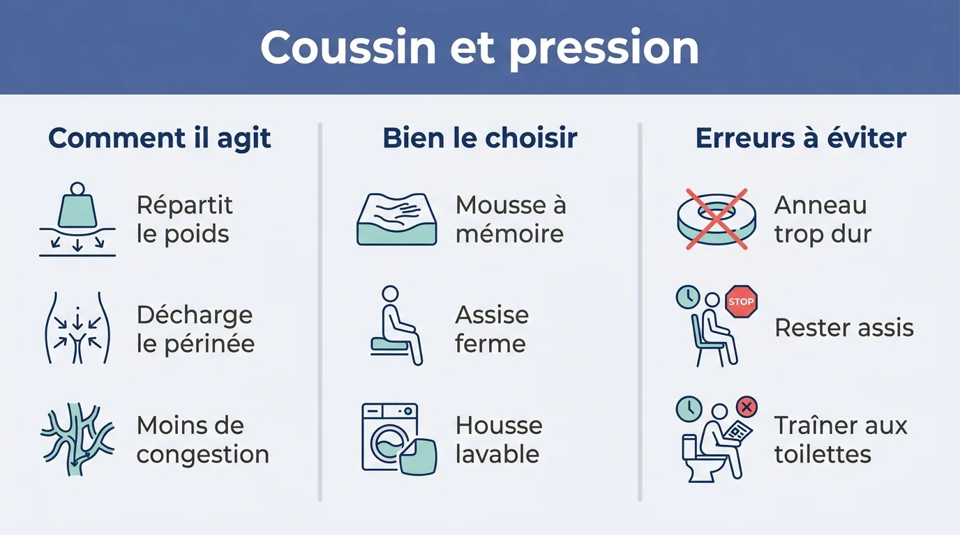 Infographie expliquant comment un coussin d'assise réduit la pression, comment bien le choisir et les erreurs à éviter en cas d'hémorroïdes