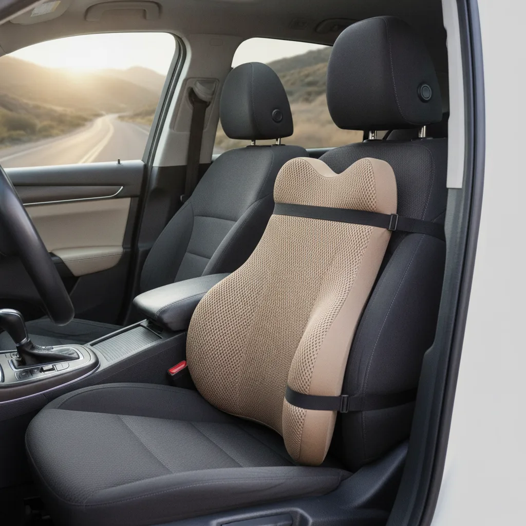 Coussin de soutien lombaire installé contre le dossier d'un siège de voiture avant un long trajet
