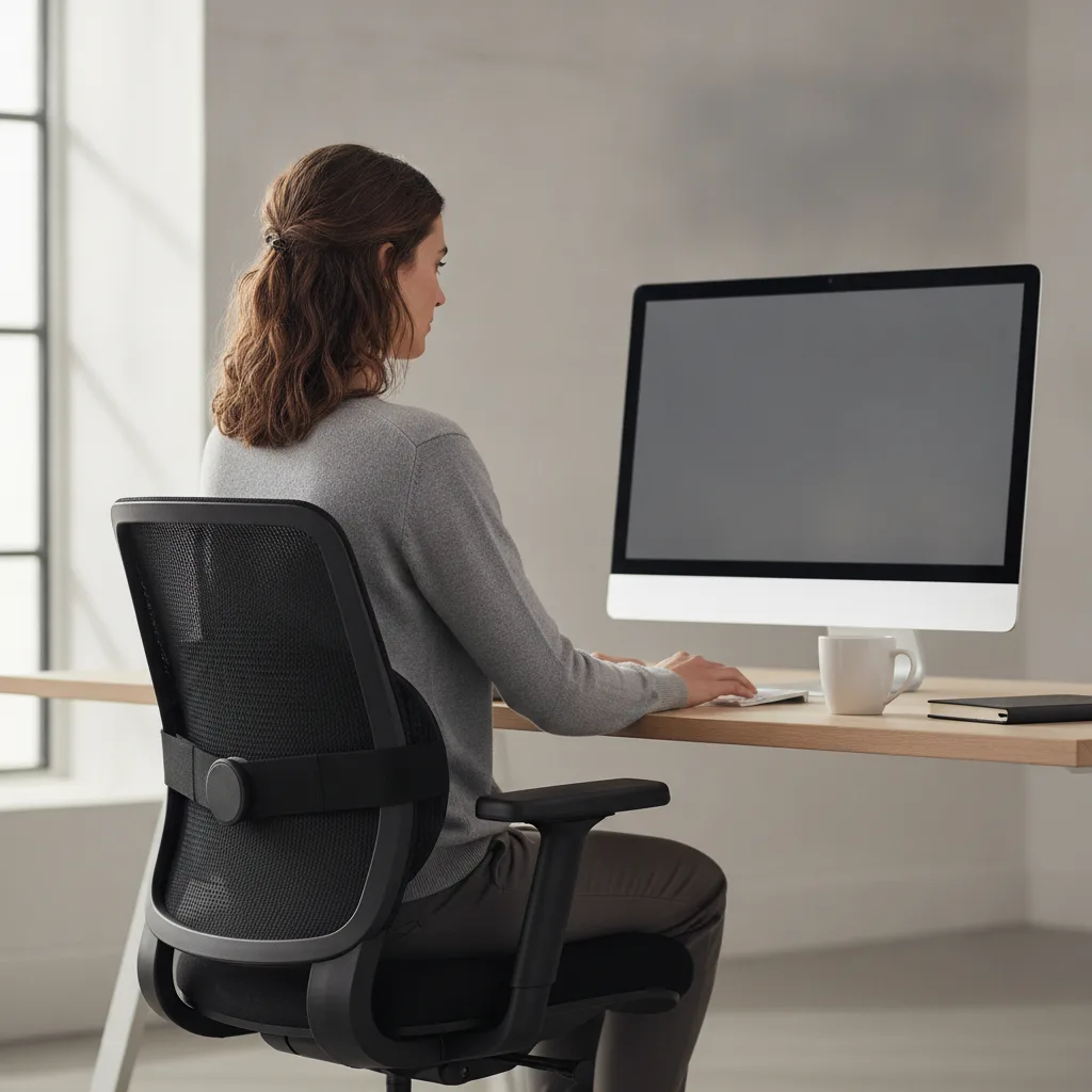 Personne assise à un bureau avec un coussin de soutien lombaire maintenant la courbure naturelle du bas du dos.