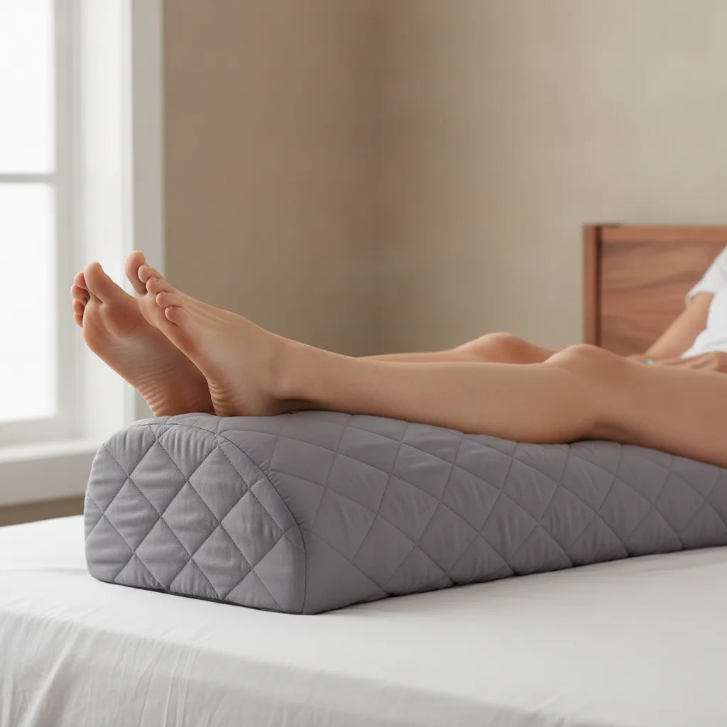 Jambes posées sur un coussin de surélévation pour favoriser le retour veineux et apaiser les jambes lourdes.