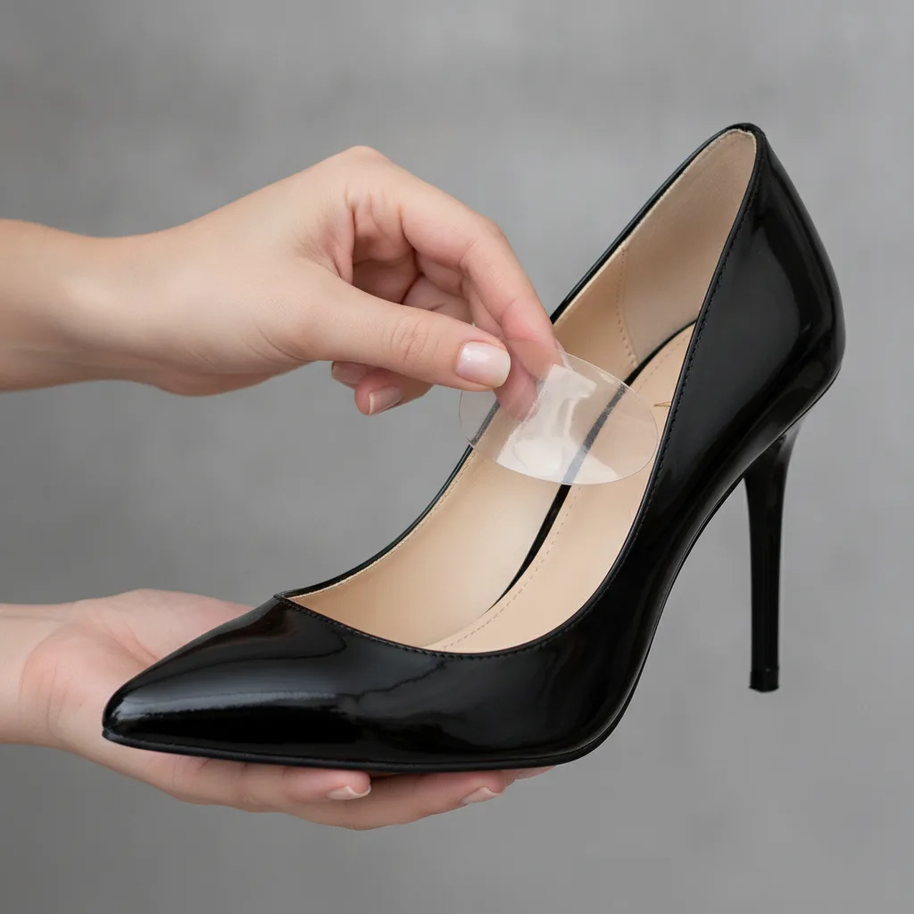 Gros plan d'un coussinet métatarsien en gel placé à l'avant d'une chaussure à talon