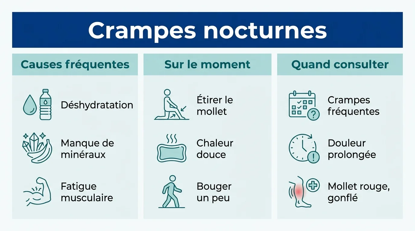 Infographie sur les crampes nocturnes au mollet : causes fréquentes, gestes qui soulagent et signaux d'alerte.