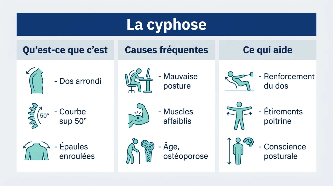 Infographie présentant la cyphose, ses causes chez l'adulte et les gestes qui aident au quotidien.