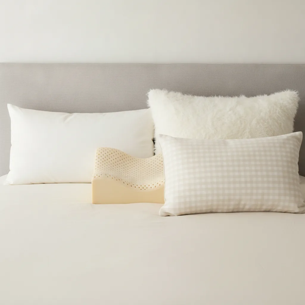 Plusieurs types d'oreillers, à mémoire de forme, en latex et en plumes, disposés côte à côte sur un lit.