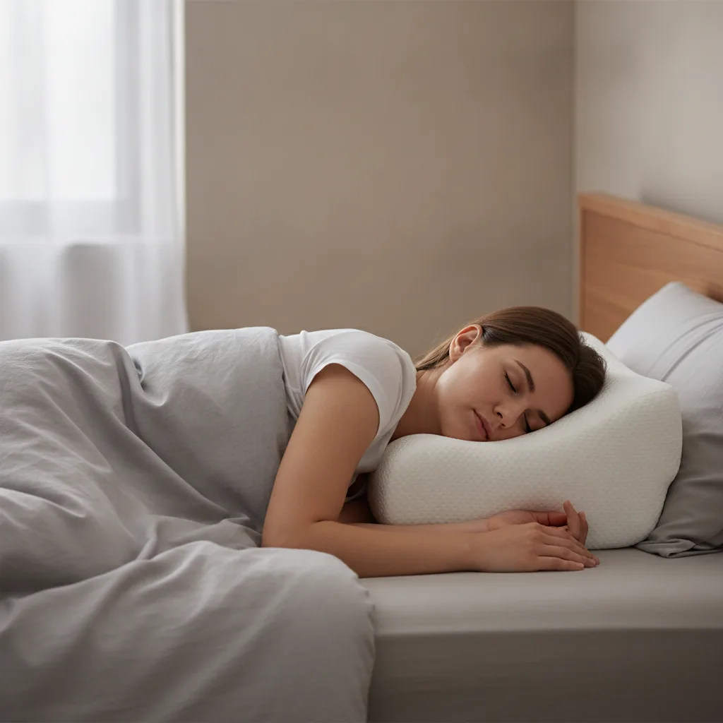 Personne dormant sur le côté, la tête et la nuque bien soutenues par un oreiller à mémoire de forme
