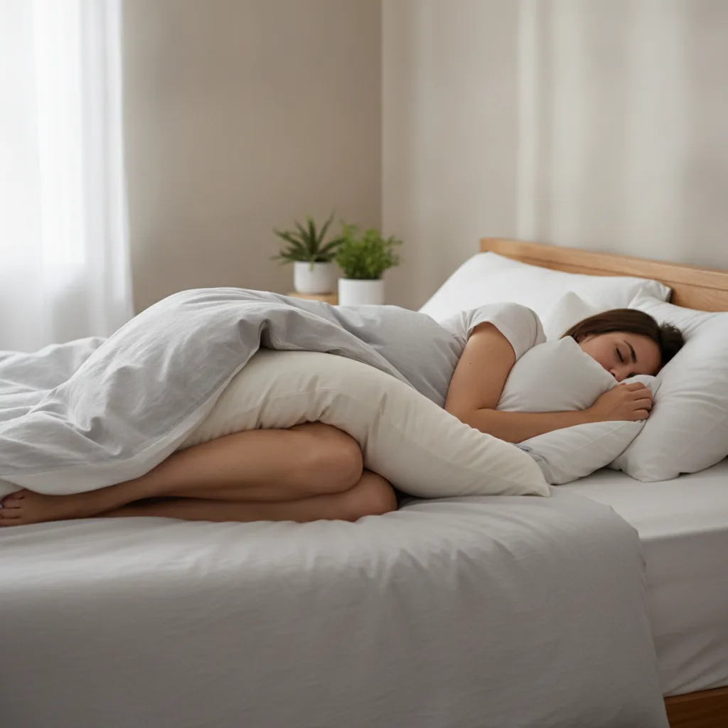 Personne dormant sur le côté avec un coussin placé entre les genoux pour garder le bassin droit.