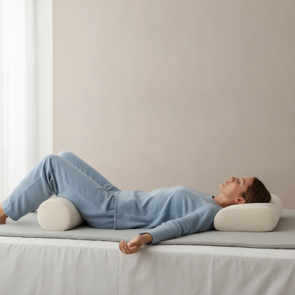 Personne allongée sur le dos avec un oreiller glissé sous les genoux pour détendre le bas du dos.