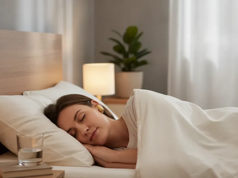 Personne dormant sur le côté avec des bouchons d'oreilles dans une chambre calme et tamisée.