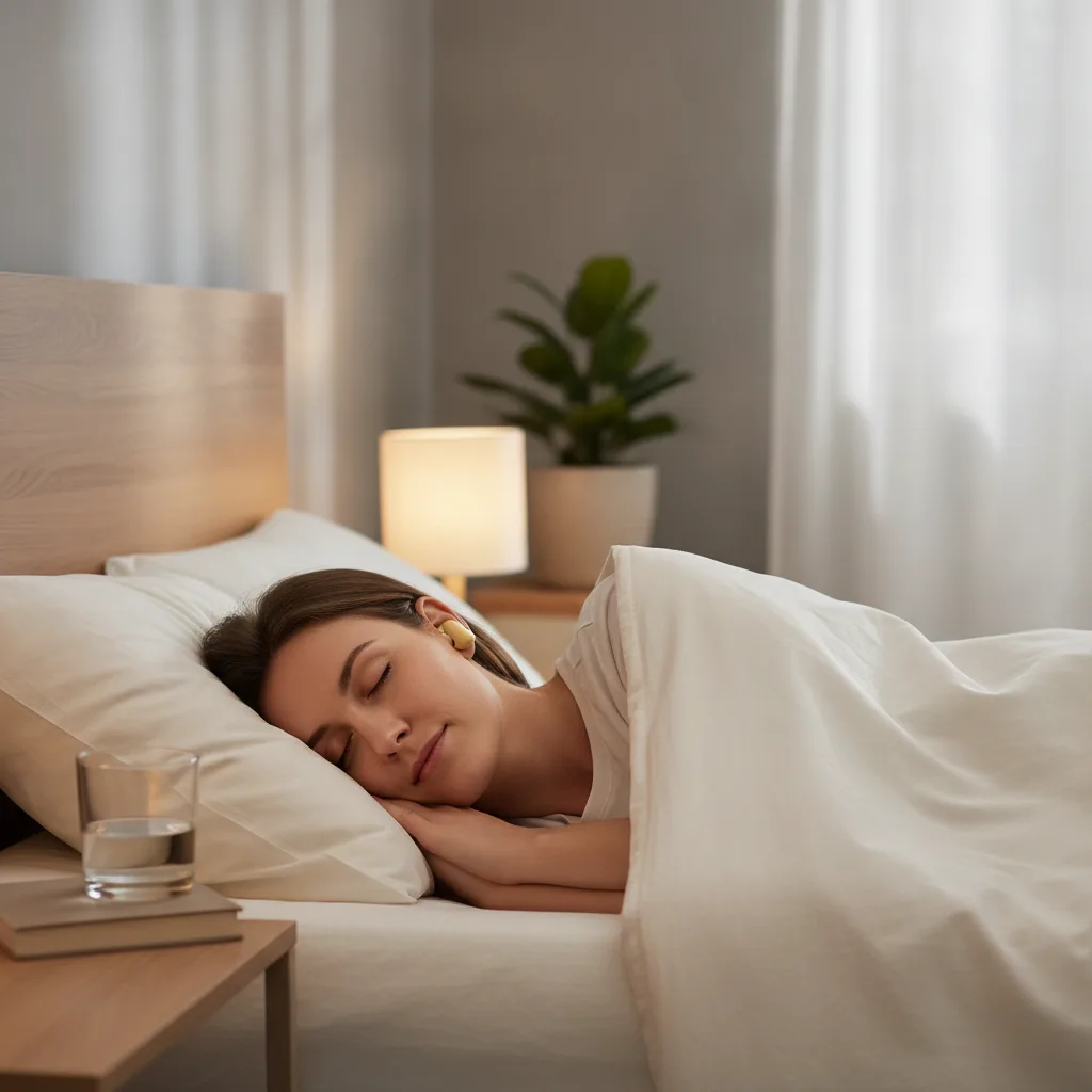 Personne dormant sur le côté avec des bouchons d'oreilles dans une chambre calme et tamisée.