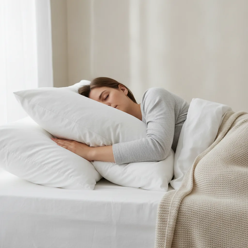 Personne dormant sur le côté avec le bras soutenu par un oreiller pour ménager l'épaule.