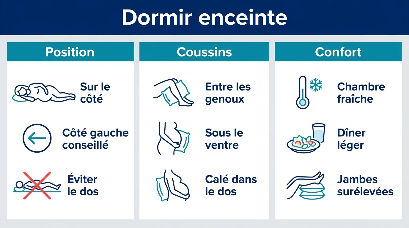 Infographie des repères pour bien dormir enceinte : position, coussins et confort.