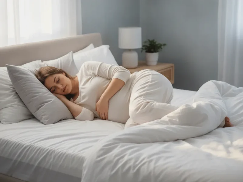 Femme enceinte endormie sur le côté gauche avec un coussin entre les genoux dans une chambre calme.
