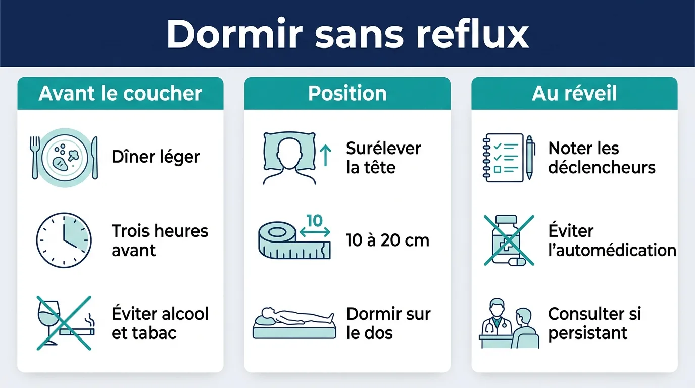 Infographie en trois volets résumant les gestes pour limiter le reflux la nuit, du dîner au réveil.