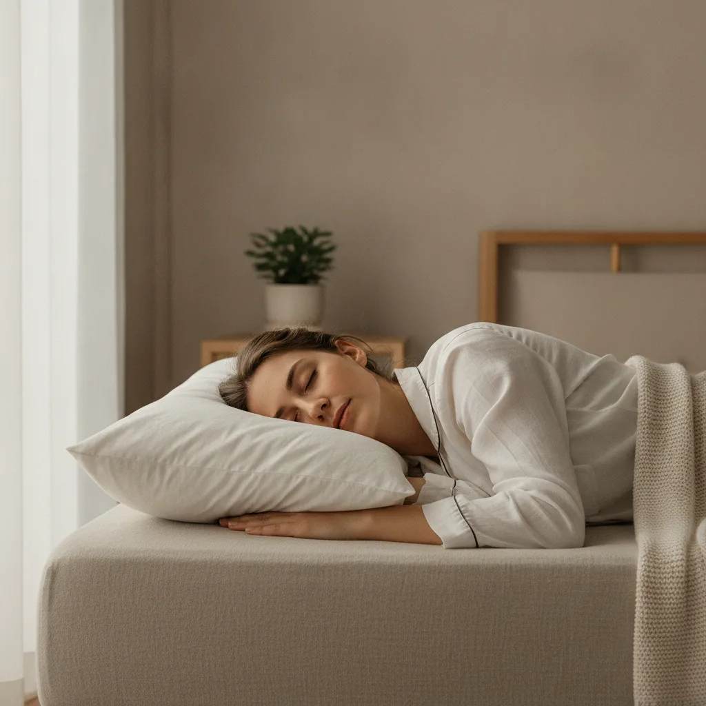 Personne dormant sur le côté, la tête posée sur un oreiller qui garde la nuque alignée avec la colonne.