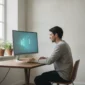 Adulte assis de profil au bureau avec le haut du dos arrondi, illustrant une cyphose posturale.