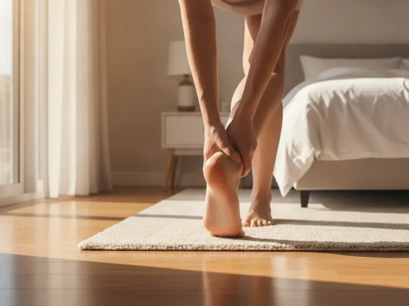 Gros plan sur un pied nu au réveil, une main tenant le talon douloureux dans la lumière matinale d'une chambre.