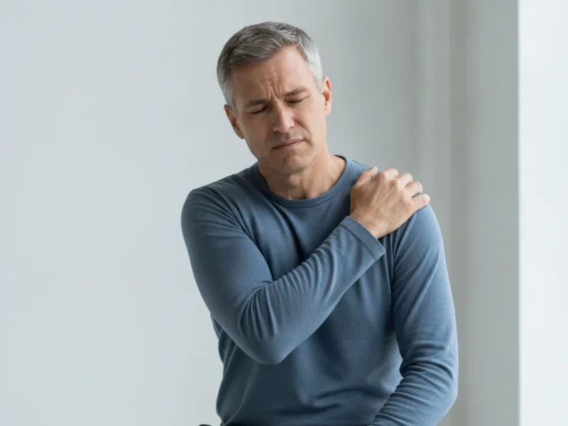 Homme se tenant l'épaule douloureuse d'une main, assis dans un intérieur clair.