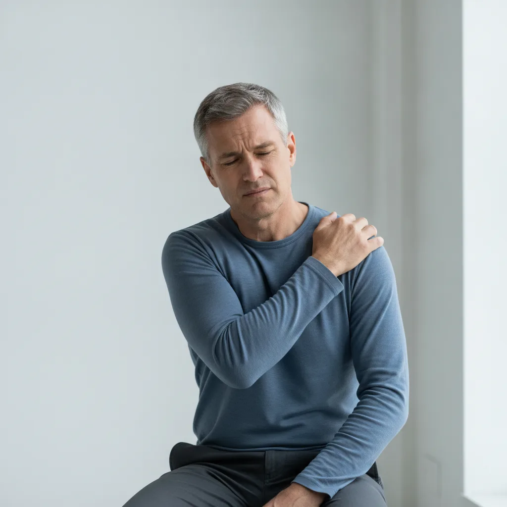 Homme se tenant l'épaule douloureuse d'une main, assis dans un intérieur clair.
