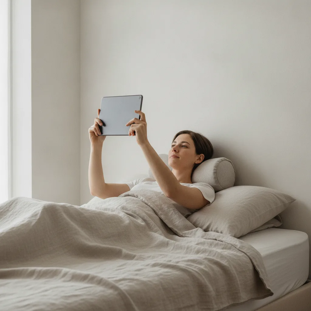 Personne tenant une tablette à hauteur des yeux dans son lit, la nuque soutenue et la tête droite.