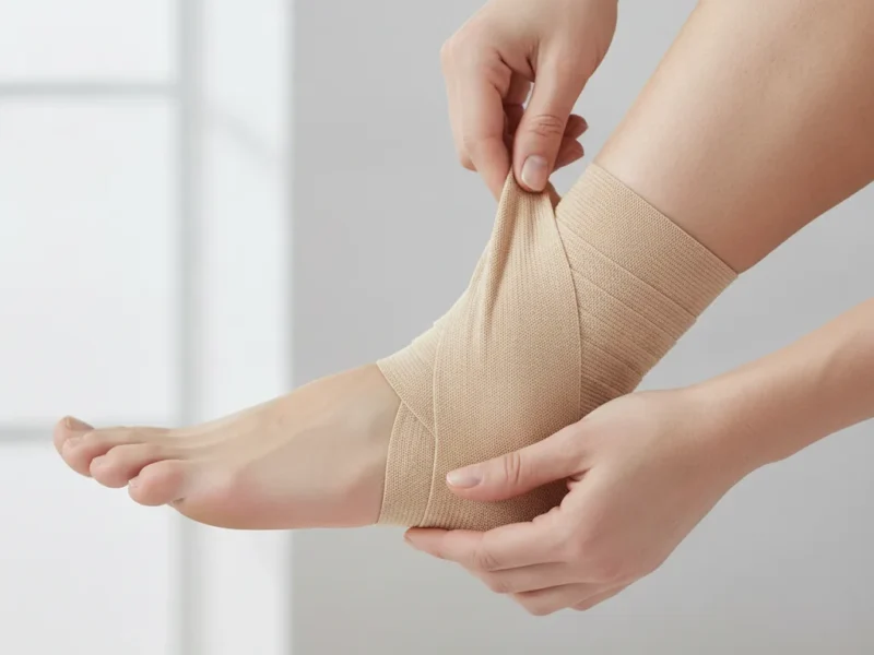 Cheville entourée d'une bande de compression élastique après une entorse.
