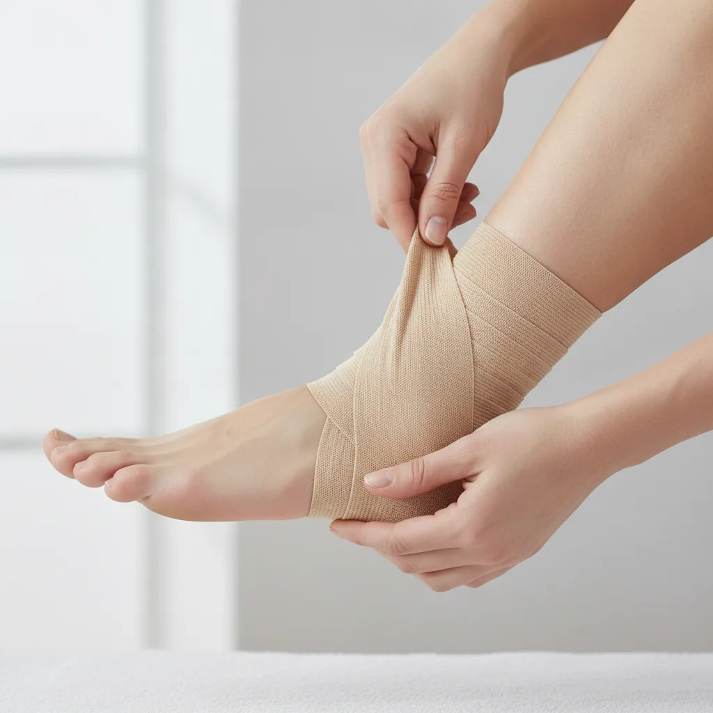 Cheville entourée d'une bande de compression élastique après une entorse.