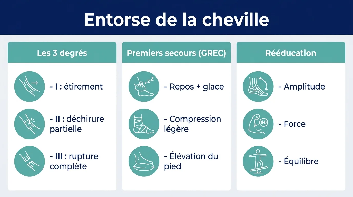 Infographie des trois degrés d'entorse de la cheville, des premiers secours GREC et des trois piliers de la rééducation.