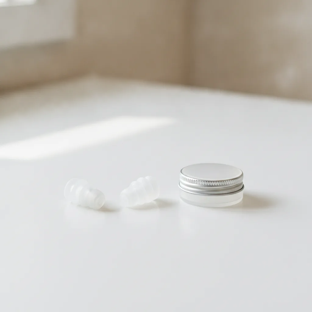 Bouchons d'oreilles en silicone réutilisables nettoyés, posés à côté de leur étui de rangement.