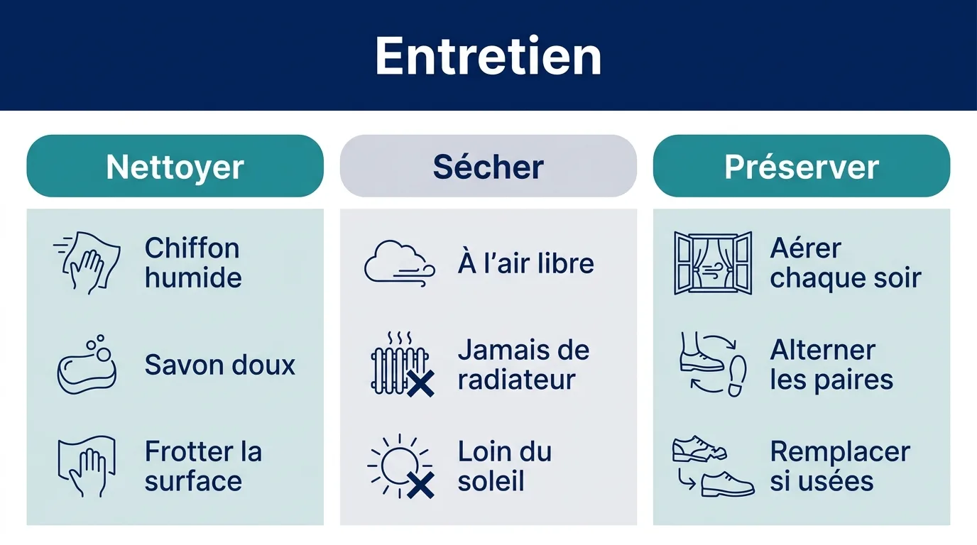 Infographie des trois étapes d'entretien des semelles orthopédiques, nettoyer, sécher et préserver