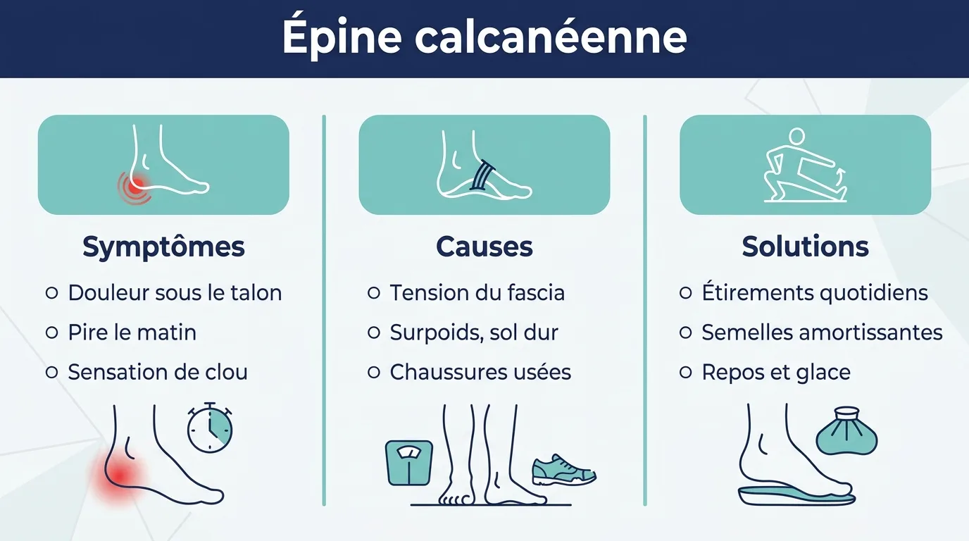 Infographie présentant les symptômes, les causes et les solutions de l'épine calcanéenne