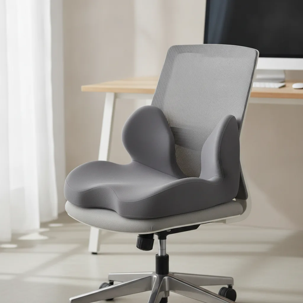 Coussin d'assise ergonomique avec découpe arrière posé sur une chaise pour décharger le coccyx.