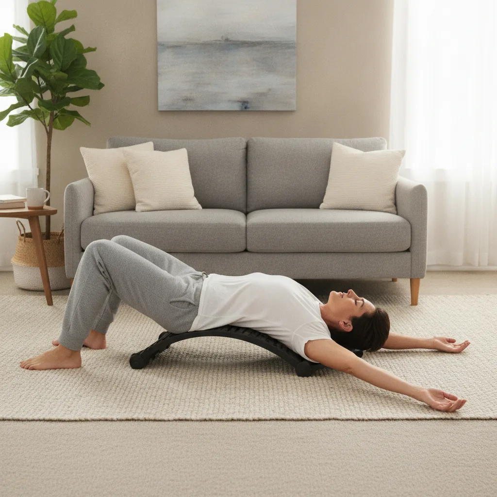 Adulte étirant son dos à la maison sur un accessoire d'étirement pour relâcher les tensions musculaires.