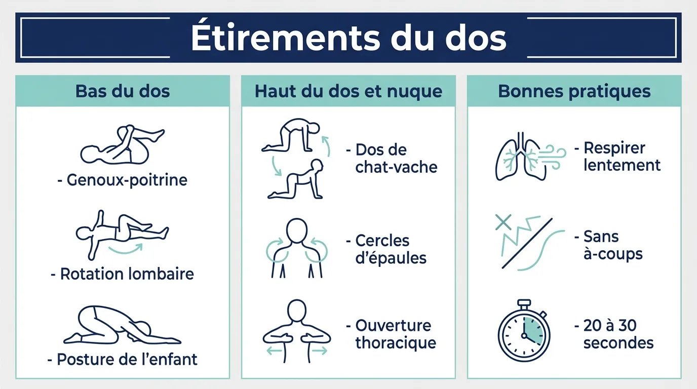 Infographie présentant une routine d'étirements du dos pour le bas du dos, le haut du dos et les bonnes pratiques.