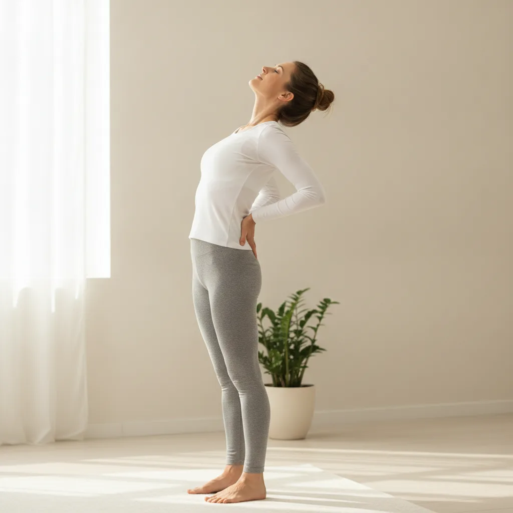 Une femme réalise un étirement doux du dos, debout dans un intérieur lumineux et calme.