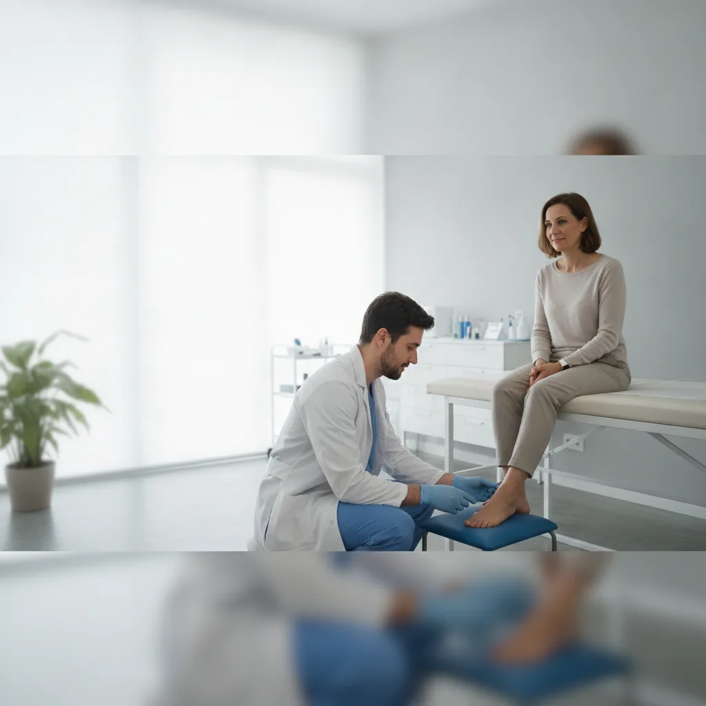 Pédicure-podologue examinant le pied d'un patient assis en cabinet