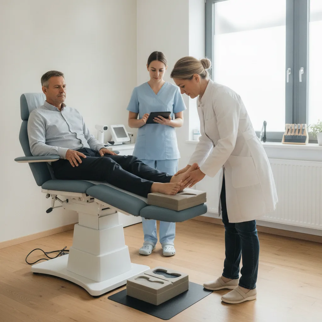 Un podologue examine le pied d'un patient pour réaliser une empreinte en vue d'une semelle sur mesure.