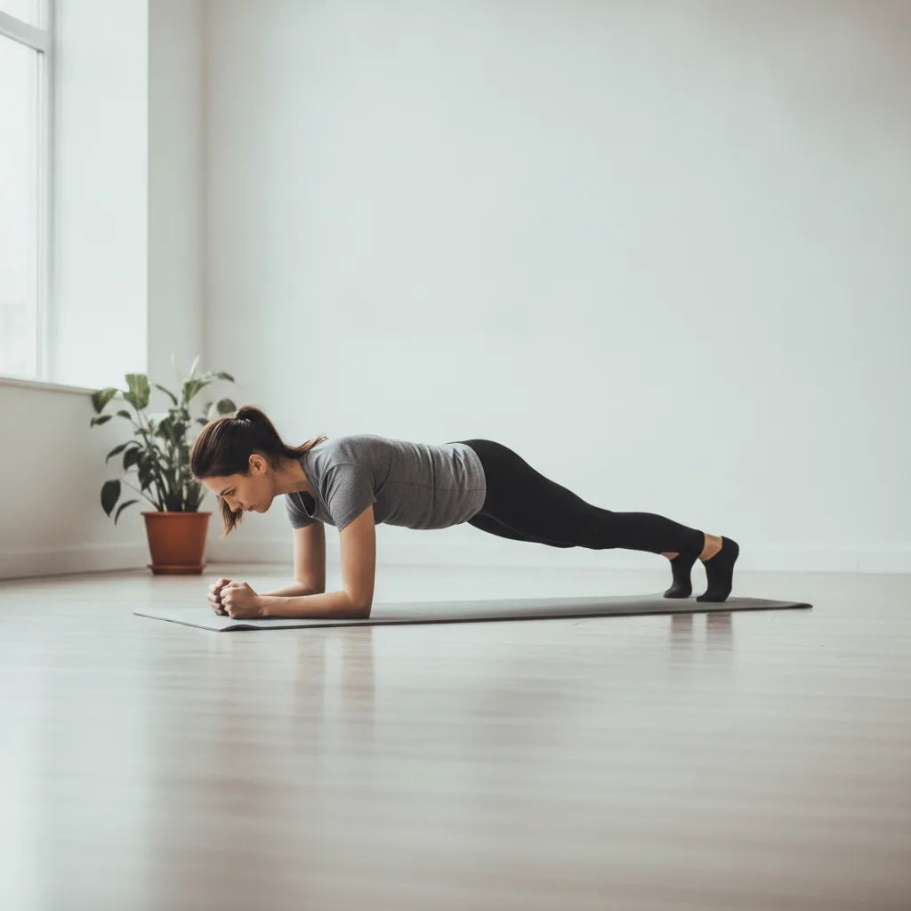 Personne en position de gainage sur les avant-bras, dos droit et sangle abdominale engagée