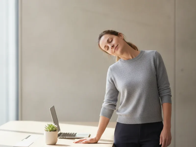 Employée de bureau réalisant un étirement doux du cou devant son ordinateur.