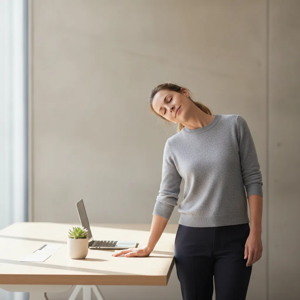 Employée de bureau réalisant un étirement doux du cou devant son ordinateur.