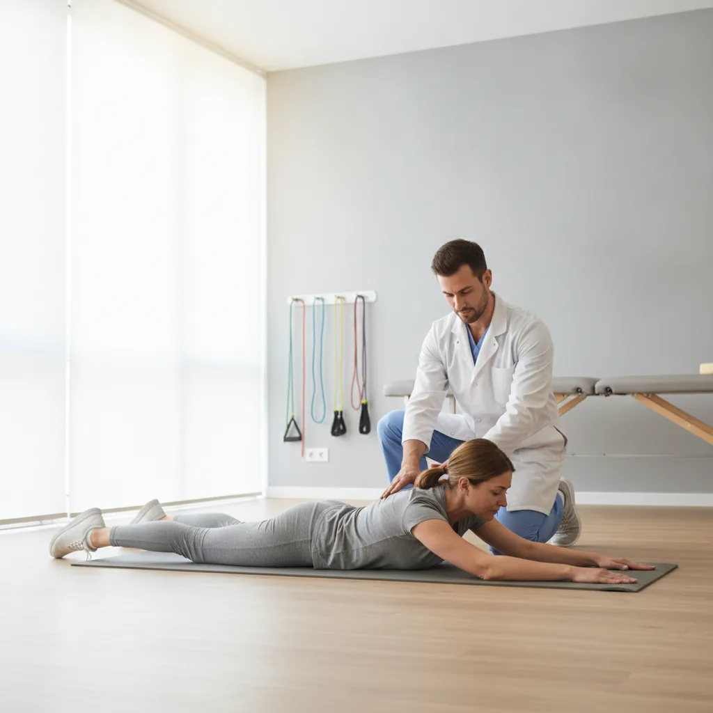Adulte effectuant des exercices de renforcement du dos avec un kinésithérapeute pour soulager une scoliose.