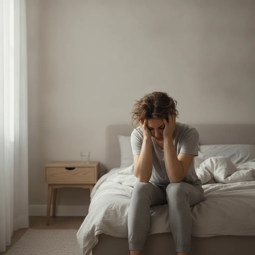 Personne fatiguée assise au bord du lit au réveil, illustrant la somnolence liée à l'apnée du sommeil