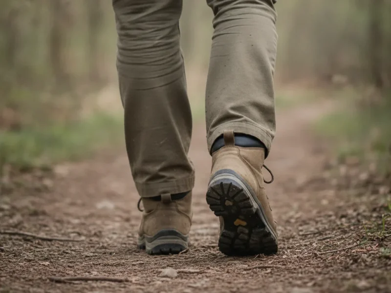 Marcheur en chaussures de randonnée sur un sentier, situation propice aux ampoules aux pieds