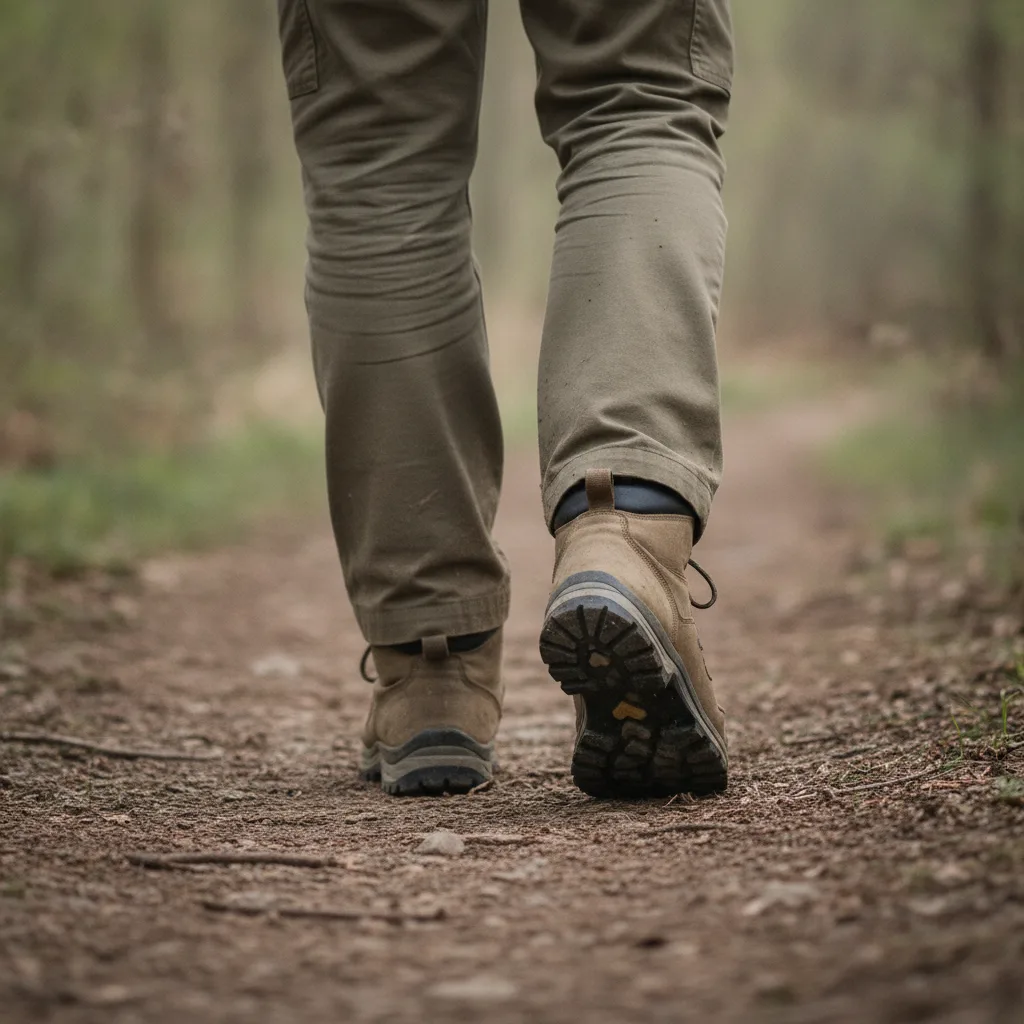 Marcheur en chaussures de randonnée sur un sentier, situation propice aux ampoules aux pieds
