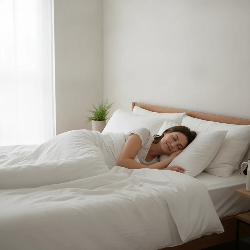 Femme endormie sur le côté dans un lit clair, la colonne bien alignée de la tête au bassin.