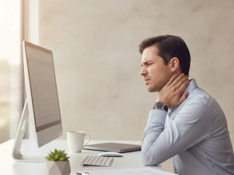 Femme assise à son bureau portant la main à sa nuque tendue par le stress