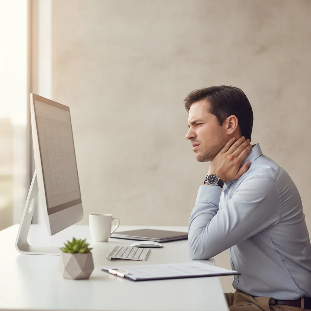 Femme assise à son bureau portant la main à sa nuque tendue par le stress