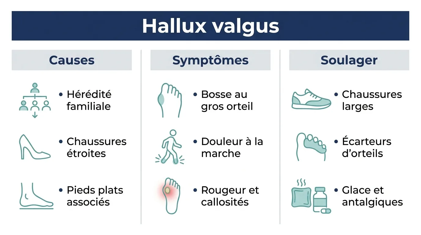 Infographie sur l'hallux valgus présentant ses causes, ses symptômes et les gestes pour le soulager
