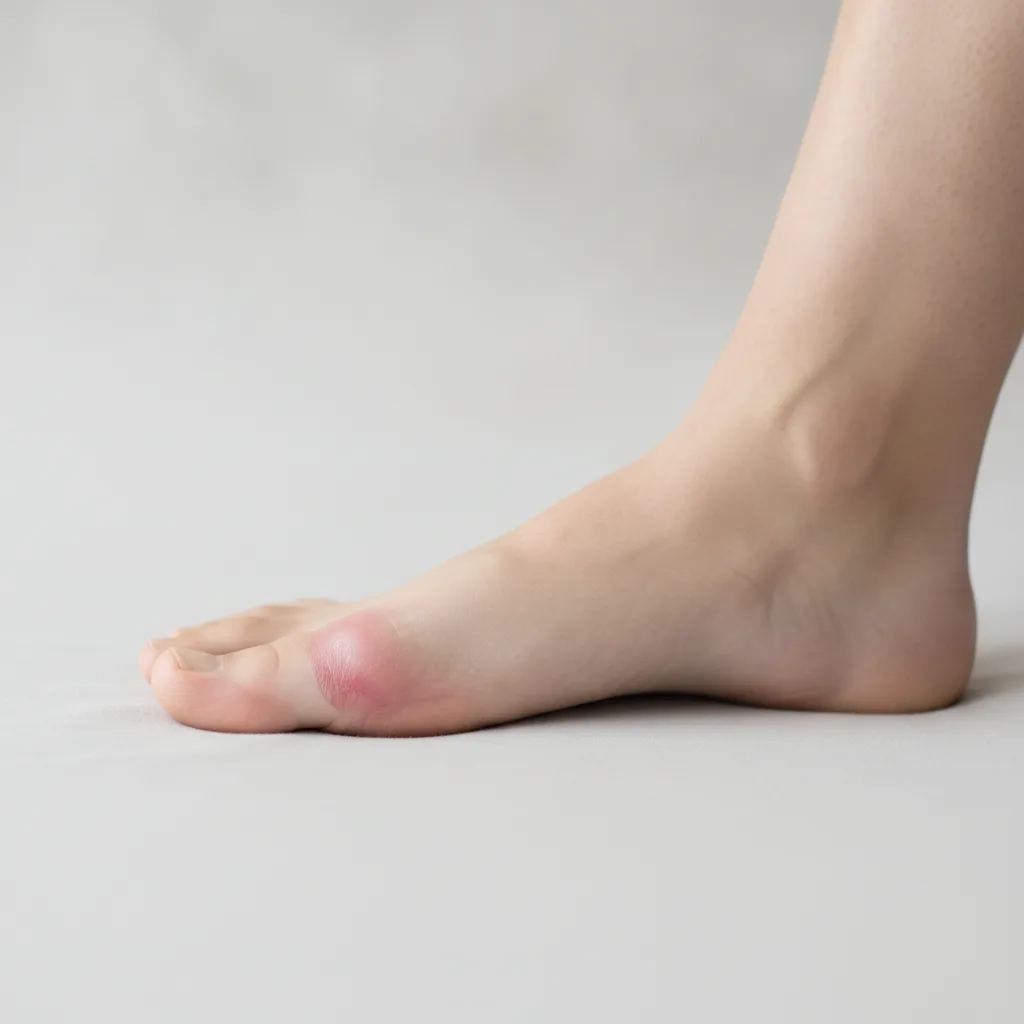 Gros plan d'un pied nu présentant un hallux valgus avec une bosse à la base du gros orteil