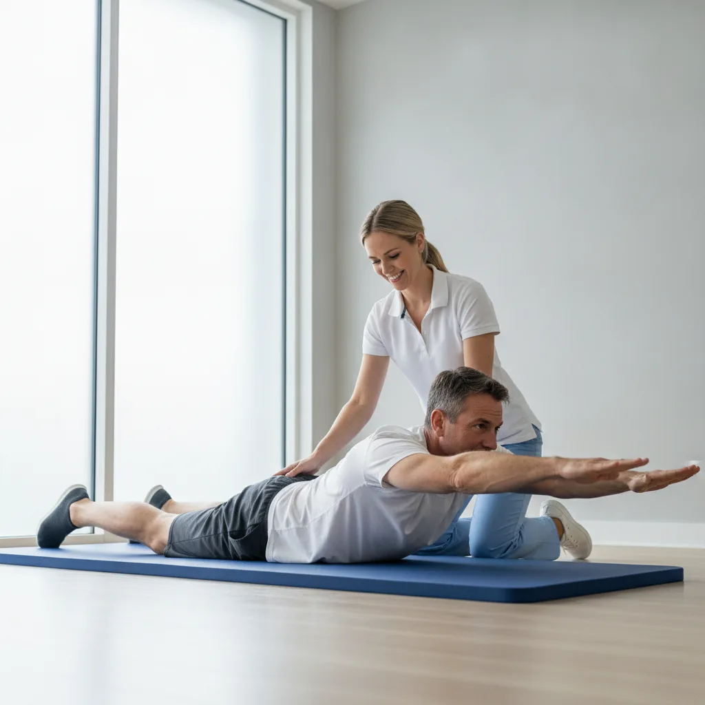 Kinésithérapeute accompagnant un patient dans un exercice de renforcement du dos pour soulager une hernie discale.