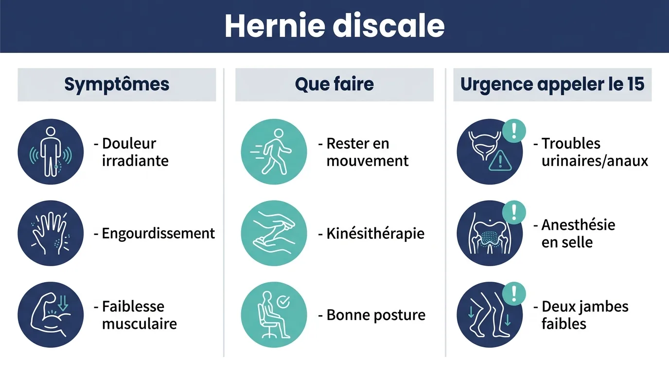 Infographie présentant les symptômes de la hernie discale, les traitements de première ligne et les signaux d'alerte nécessitant une urgence médicale.